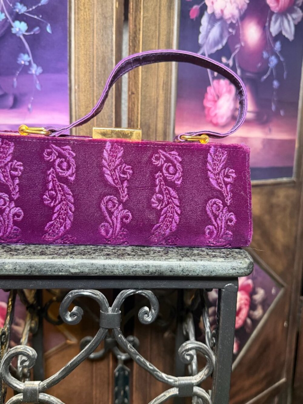 La Regale Purple Velvet Embroidered Evening Bag Clutch Gold Frame
